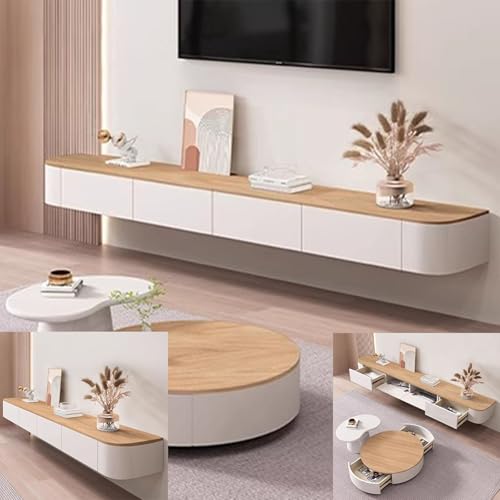 Moderner, schwimmender TV-Ständer mit mehreren Ablagefächern für Wohnzimmer und Schlafzimmer, großer TV-Ständer zur Wandmontage (braunes Weiß, 280 x 20 x 24 cm) von Generisch