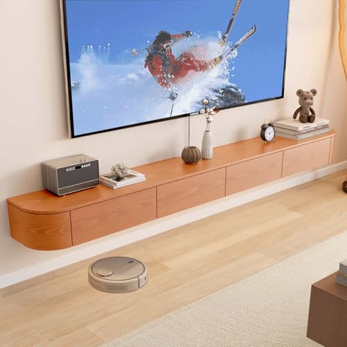 Moderner, wandmontierter TV-Ständer aus Massivholz, schwebende Medienkonsole mit Stauraum für Wohnzimmer und Schlafzimmer, 220 cm, Kirsch-Design, stilvolle Heimunterhaltungsmöbel von Generisch