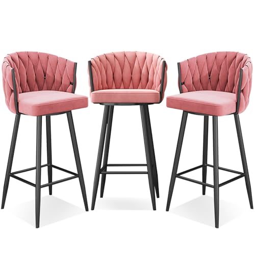 Moderner 360° drehbarer Barhocker, 3er-Set, verstellbare Höhe, 65,6/74,9 cm, gepolsterte Küchenstühle mit Stahlbeinen und Fußstütze, stilvolles rosa und schwarzes Design von Generisch