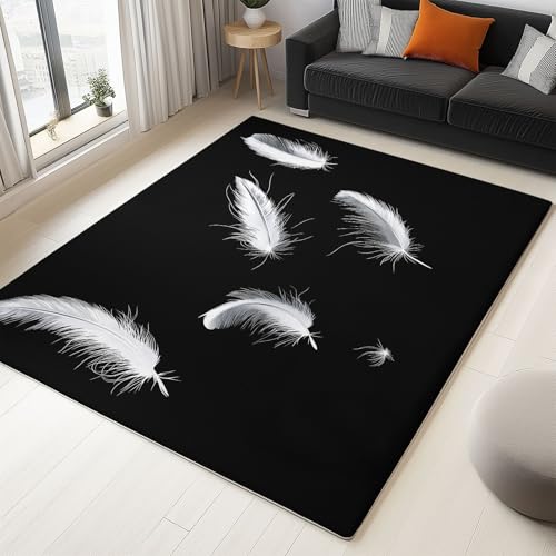 Moderner 3D-Druck Teppich Schwarze Feder 180x240cm Weich Kurzflor Wohnzimmer Großer Teppich für Schlafzimmer Esszimmer Küchen, Waschbar rutschfest Design von Generisch