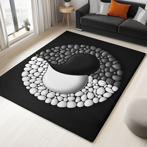 Moderner 3D-Druck Teppich Schwarze Und Weiße Kieselsteine 80x150cm Weich Kurzflor Wohnzimmer Großer Teppich für Schlafzimmer Esszimmer Küchen, Waschbar rutschfest Design von Generisch
