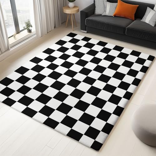 Moderner 3D-Druck Teppich Schwarze Und Weiße Quadrate 180x240cm Weich Kurzflor Wohnzimmer Großer Teppich für Schlafzimmer Esszimmer Küchen, Waschbar rutschfest Design von Generisch