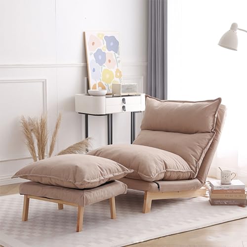 Moderner Akzentstuhl 2er Set mit Ottomane, verstellbare Rückenlehne, bequemes Baumwoll- und Leinenmaterial, Beige, Lounge-Sessel für Wohnzimmer von Generisch