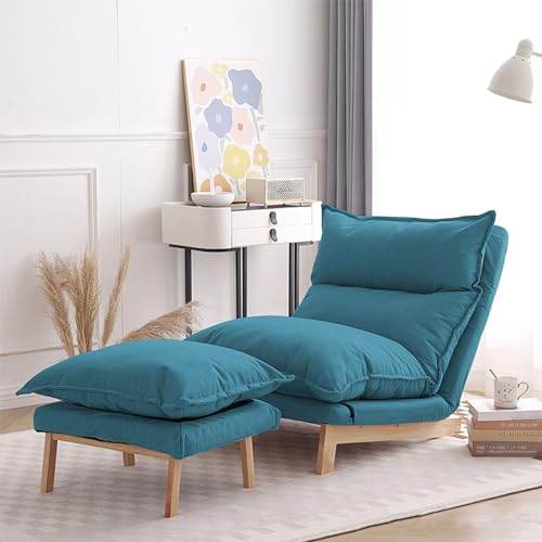 Moderner Akzentstuhl 2er Set mit Ottomane Bequemes Loungesessel Set für Wohnzimmer Verstellbare Rückenlehne Baumwolle und Leinen Material Blau Lazy Chair und Ottomane Set von Generisch