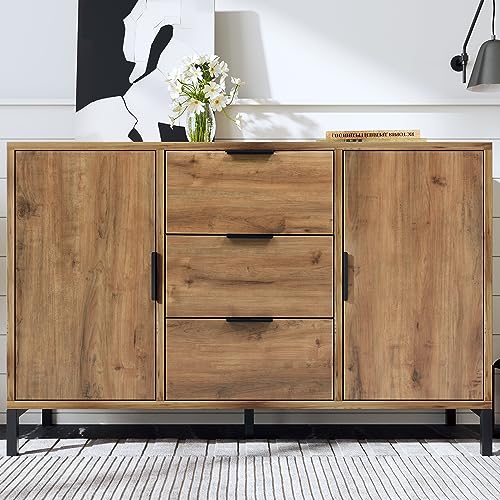 Moderner Anrichtenschrank für Wohnzimmer, 2 Türen, 3 Schubladen, verstellbares Regal, Spanplatte und Metallrahmen, dunkle Eiche, 40 x 120 x 76 cm Moderner Anrichtenschrank für Wohnzimmer, 2 Türen, 3 Schubladen, verstellbares Regal, Spanplatte und Metallrahmen, dunkle Eiche, 40 x 120 x 76 cm von Generisch