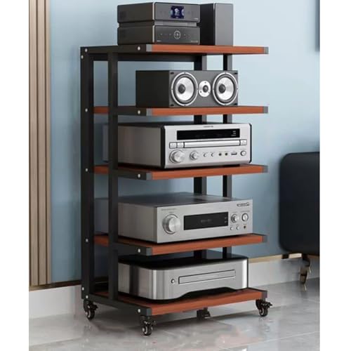 Moderner Audio-Ständer, Hifi-Regal mit Bremsrad, 5 Etagen, Schwarz + Teakholz, offenes Eckregal für AV-Schrank, Media-Ständer und Stereo-Komponenten. Moderner Audio-Ständer, Hifi-Regal mit Bremsrad, 5 Etagen, Schwarz + Teakholz, offenes Eckregal für AV-Schrank, Media-Ständer und Stereo-Komponenten. von Generisch