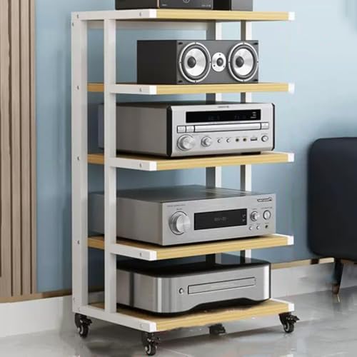 Moderner Audio-Ständer mit 5 Ebenen, HiFi-Rack mit Bremsrad, AV-Schrank für Medien und Stereo-Komponenten, Eck-Audio-Tower in Weiß und Walnussholz-Finish von Generisch