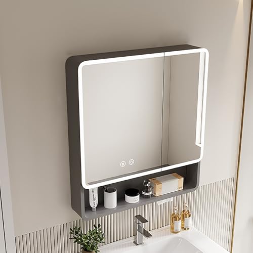 Moderner Badezimmer-Medizinschrank mit LED-Lichtern, Wandspiegel, Anti-Beschlag-Regal, Grau, 80 cm, Aufbewahrung für Medin & Essentials Moderner Badezimmer-Medizinschrank mit LED-Lichtern, Wandspiegel, Anti-Beschlag-Regal, Grau, 80 cm, Aufbewahrung für Medin & Essentials von Generisch