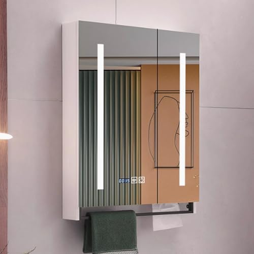Moderner Badezimmer-Wandschrank aus Holz mit LED-Beleuchtung, intelligenter Anti-Beschlag-Kosmetikspiegel, platzsparende Medikamentenaufbewahrung mit Behälter und Display von Generisch