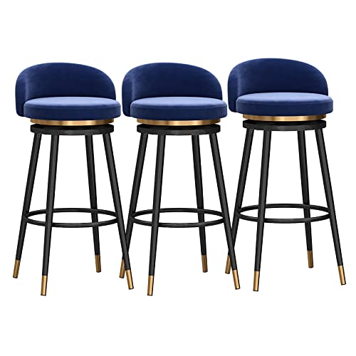 Moderner Barhocker mit Drehgelenk aus Samt, 3 Stück, schwarze Metallbeine, blaue gepolsterte Sitzfläche, Thekenhöhe 65 cm von Generisch