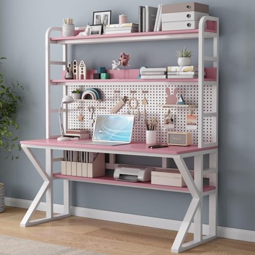 Moderner Bürotisch mit Bücherregal und Aufbewahrung, Massivholz, Schreibtisch mit Stecktafel, großer Arbeitsstation für Heimbüro, Pink und Weiß, 78,7 x 175,3 x 60,9 cm (B x H x T) von Generisch