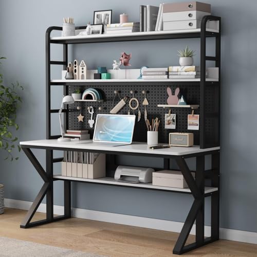 Moderner Bürotisch mit Bücherregal und Aufbewahrung, Massivholz, Schreibtisch mit Stecktafel, großer Arbeitsstation für Heimbüro, Weiß und Schwarz, 119,4 x 175,3 x 60,9 cm (B x H x T) von Generisch