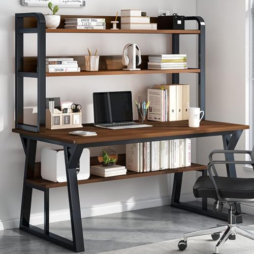 Moderner Computertisch mit Ablagen und Bücherregal, stabiler Metallrahmen, Schreibarbeitsplatz für Zuhause und Büro von Generisch