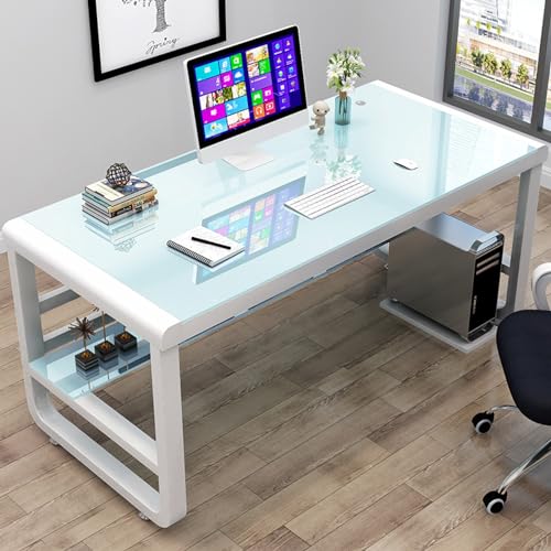 Moderner Computertisch mit Tischplatte aus gehärtetem Glas und Ablageflächen für Studium und Gaming, Weiß (120 x 60 x 75 cm) von Generisch