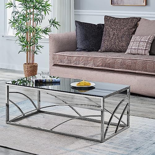 Moderner Couchtisch aus Edelstahl mit hellgrauer Tischplatte aus gehärtetem Glas für Wohnzimmer von Generisch