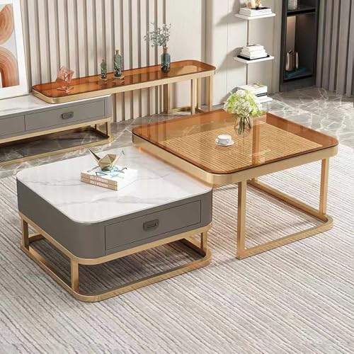 Moderner Couchtisch aus Glas, 2er-Set, mit Aufbewahrungsschubladen, stapelbares Design, quadratischer brauner Couchtisch, stabiles Stahl-Eisengestell, perfekt für Wohnzimmerdekoration von Generisch