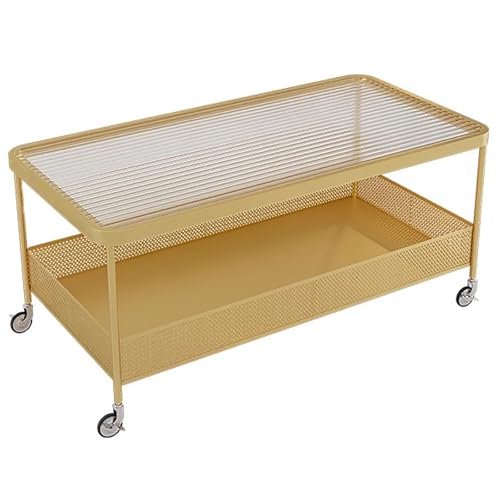 Moderner Couchtisch aus Glas mit Rahmen aus Karbonstahl und um 360° drehbaren Rädern für Schlafsäle und Apartments (Gelb 120 cm) von Generisch