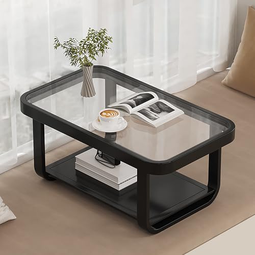 Moderner Couchtisch aus Glas mit gehärtetem Glas und Ablage, einfacher und stilvoller Mitteltisch für Wohnzimmer und Büro von Generisch