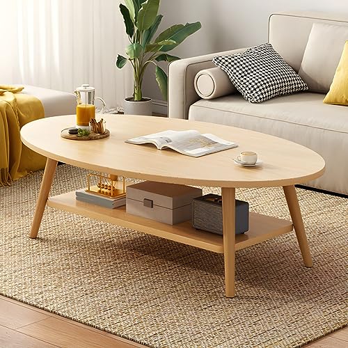 Moderner Couchtisch aus Holz, ovales Design, schlichter Stil, für Wohnungen, Wohnzimmer & Balkon, natürliches Finish, inklusive Ablage, ideal für Sofas, Standardhöhe von Generisch