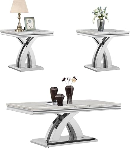 Moderner Couchtisch aus Kunstmarmor mit Spiegel, Edelstahlrahmen, eleganter Wohnzimmer-Mittelstück Moderner Couchtisch aus Kunstmarmor mit Spiegel, Edelstahlrahmen, eleganter Wohnzimmer-Mittelstück von Generisch