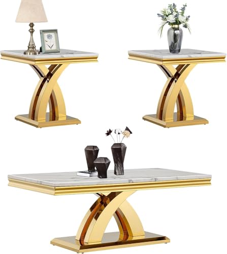 Moderner Couchtisch aus Kunstmarmor mit Spiegel, Edelstahlrahmen, eleganter Wohnzimmer-Mittelstück von Generisch