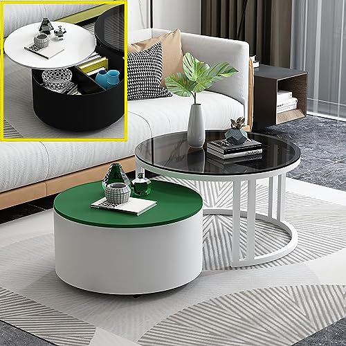 Moderner Couchtisch im Industrie-Stil, rund, stapelbar, 2er-Set, mit Glasplatte und stabilem Metallrahmen, weiße Beine. von Generisch