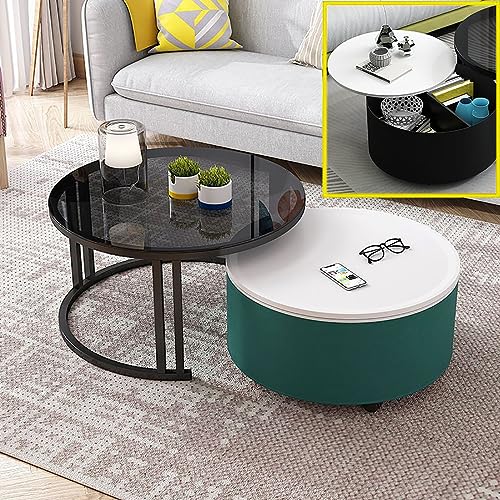 Moderner Couchtisch mit runder Glasplatte, 2er-Set, mit Stauraum, industrieller Metallrahmen, stapelbare Beistelltische für kleine Räume, schwarzes Bein, stilvolle Möbel für Wohnzimmerdekoration von Generisch