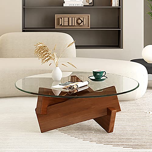 Moderner Couchtisch mit verdickter Glasplatte und Holzsockel, abstraktes Design, Mitteltisch für Wohnzimmerdekoration von Generisch