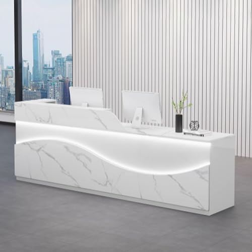 Moderner Empfangstisch für Schönheitssalon, 1,4 m weißer Bürotisch mit Stauraum, ästhetischer Empfang in der Mitte, weiches Beleuchtungsdesign, perfekt für Spas und Salons von Generisch