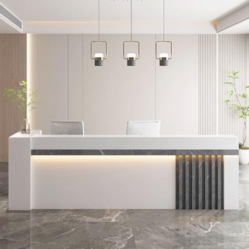 Moderner Empfangstisch mit Stauraum, stilvolle Fronttheke mit weicher Beleuchtung für Büros, Schönheitszentren und Bekleidungsgeschäfte, elegantes Design in Weiß und Grau Moderner Empfangstisch mit Stauraum, stilvolle Fronttheke mit weicher Beleuchtung für Büros, Schönheitszentren und Bekleidungsgeschäfte, elegantes Design in Weiß und Grau von Generisch