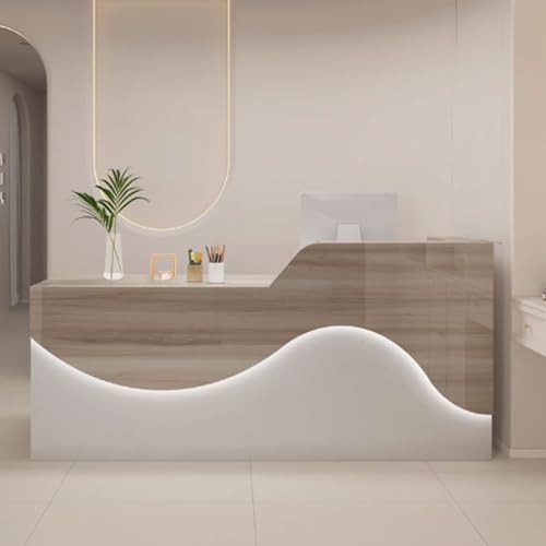 Moderner Empfangstisch mit weicher Beleuchtung, 120 cm, Büro-Schreibtisch und Thekentisch, stilvolle Steh-Möbel für Empfangsmöbel in Weiß und dunklem Naturholz-Finish von Generisch