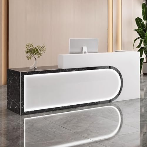 Moderner Empfangstisch mit weicher Beleuchtung, Stehtisch, Bürotisch, Holzarbeitsplatte für Restaurants und Salons, stilvolles schwarz-weißes Design von Generisch