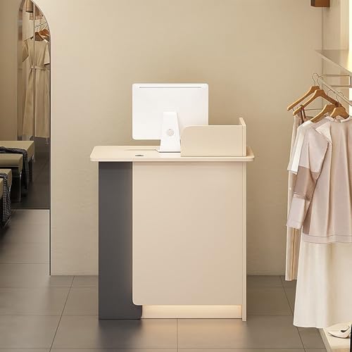 Moderner Empfangstresen-Schreibtisch mit LED-Lichtern, abschließbare Schublade und Schrank, kompakter Holz-Kassentisch für Einzelhandel und Büro, perfekte Eckaufbewahrungslösung von Generisch