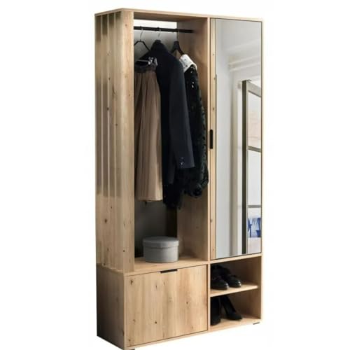 Moderner Flur Kleiderschrank Set mit Spiegel Sitzkissen Garderobenständer Schuhaufbewahrung und Kleiderständer 100cm breit Artisan Eiche von Generisch