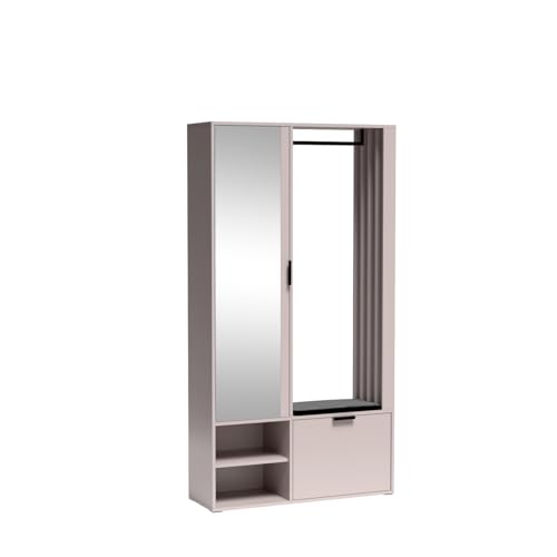 Moderner Flur Kleiderschrank Set mit Spiegel Sitzkissen Garderobenständer und Schuhaufbewahrung 100cm breit Garderobenständer Nizer für Kleidung Kaschmir Finish von Generisch