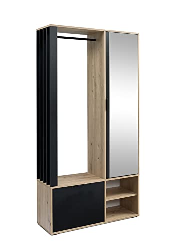 Moderner Flurgarderobe Set mit Spiegel Garderobenständer und Schuhaufbewahrung 100cm breit Stilvoller Kleidergarderobe Garderobenständer mit Stauraum Artisan Eiche/Schwarz von Generisch