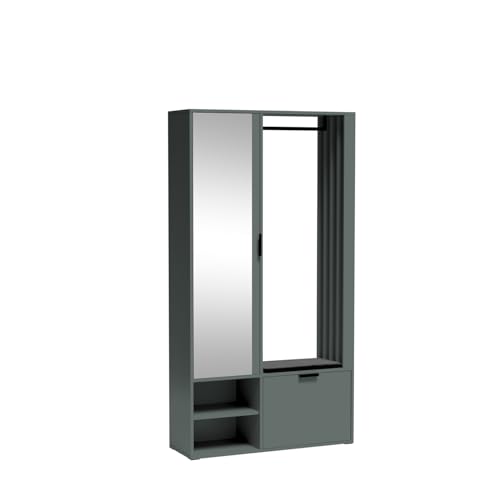 Moderner Flurgarderobe Set mit Spiegel Sitzkissen Garderobenleiste und Schuhaufbewahrung 100cm Breit Grüner Stein von Generisch