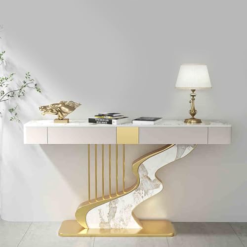 Moderner Konsolentisch mit Schubladen - Schmaler Sofatisch für Wohnzimmer & Flur - Geometrischer Metallrahmentisch - 140 cm Beige Eingangsaufbewahrungslösung von Generisch