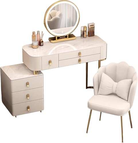 Moderner Kosmetikstisch mit runden LED-Brillen, 5 großen Schubladen und einem Stohl mit Seitenschrank für Mädchen im Schlafzimmer (Weiß, 80cm/31.5in) von Generisch