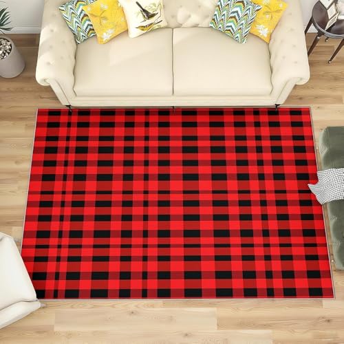 Moderner Kurzflor Flanell Teppich Wohnzimmer 180x240 cm, Klassisches Schottisches Plaid Waschbar & Rutschfest TPR Teppich Schwarz Rot Extra Weichteppich für Schlafzimmer, Küche und Esszimmer von Generisch