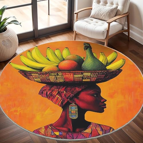 Moderner Kuscheliger Wohnzimmer Runder Teppich Größe:180 cm, Afrikanisches Obstkorb-MäDchen Kurzflor Waschbar Teppiche Flauschig Weich Orange Farbe Stilvoll Rutschfest Teppich Rund Pflegeleicht von Generisch