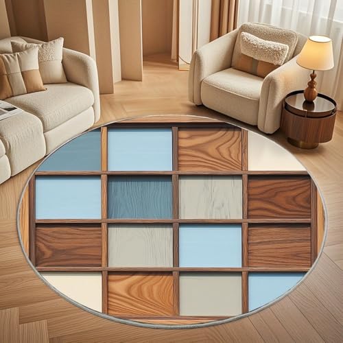 Moderner Kuscheliger Wohnzimmer Runder Teppich Größe:180 cm, Geometrisches Holzmuster Kurzflor Waschbar Teppiche Flauschig Weich Nussbaum Stilvoll rutschfest Teppich Rund Pflegeleicht von Generisch