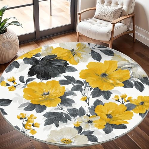 Moderner Kuscheliger Wohnzimmer Runder Teppich Größe:180 cm, Retro Blumen Kurzflor Waschbar Teppiche Flauschig Weich Gelb Stilvoll rutschfest Teppich Rund Pflegeleicht von Generisch