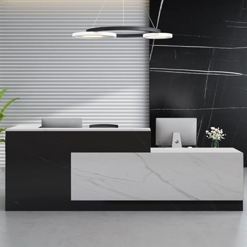Moderner L-förmiger Empfangstisch mit Bürotheke, abschließbare Schublade, stilvoller Computertisch aus Holz für den Empfangsbereich (schwarz und weiß, rechte Seite, 220 x 60 x 105 cm) von Generisch