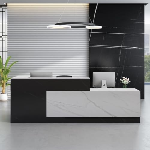 Moderner L-förmiger Empfangstisch mit Tastaturschublade, stilvolle Büromöbel, Willkommens-Tisch für Empfangsbereiche, Kundenservice, Theke, Holzverbundwerkstoff-Design & Funktional von Generisch