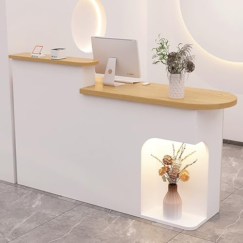 Moderner LED-Empfangstisch, stilvoller weißer Schreibtisch mit Schublade und Aufbewahrungsschrank, Büro-Einzelhandel, Thekentisch (110 x 50 x 105 cm) für Geschäfts- und Empfangsbereiche von Generisch