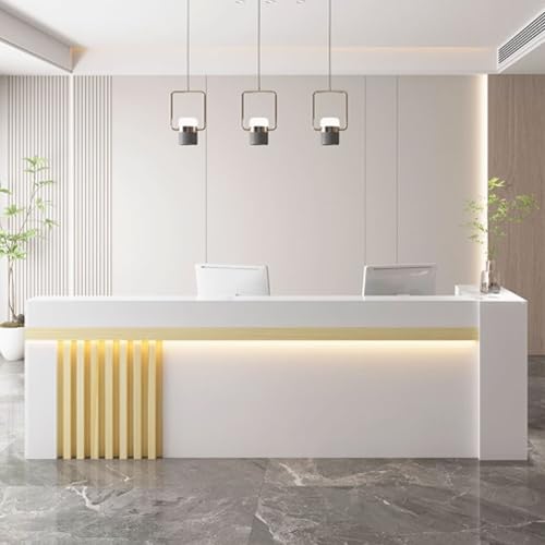 Moderner LED-Empfangstresen, 1 m, moderne Theke für Schönheitssalons und Friseurläden, Weiß und natürliches Finish mit funktionaler Aufbewahrungslösung von Generisch