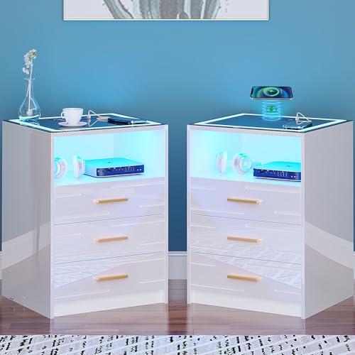 Moderner LED Nachttisch 2er Set mit kabelloser Ladestation Glasplatte Nachttisch Hochglanz Finish Smart Sofa Beistelltisch mit 3 Schubladen für Wohnzimmer Schlafzimmer Moderner LED Nachttisch 2er Set mit kabelloser Ladestation Glasplatte Nachttisch Hochglanz Finish Smart Sofa Beistelltisch mit 3 Schubladen für Wohnzimmer Schlafzimmer von Generisch