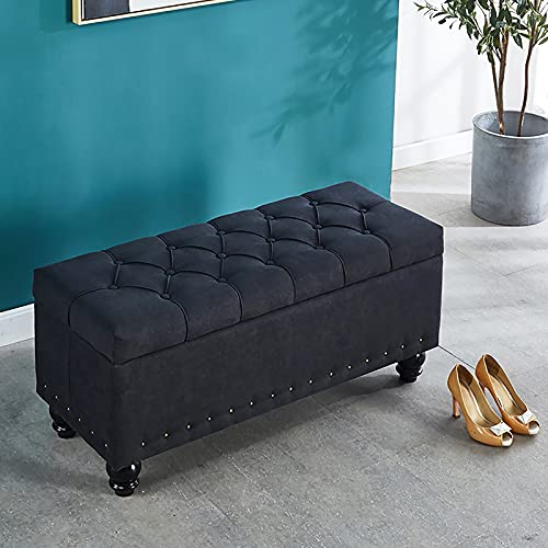 Moderner Leinen-Pouf mit Stauraum – rechteckiger Schuhhocker für Wohnzimmer, Schlafzimmer, Eingangsbereich, Flur – Schwarz, 60 x 40 x 45 cm (24 x 16 x 18 Zoll) von Generisch