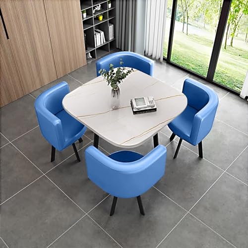 Moderner Marmor Esstisch Set für 4 mit Stühlen Büro- & Wohnzimmermöbel Couchtisch und Stuhl Kombination für Balkon Esszimmer Blau Samt Polster Quadratisches Design One Size von Generisch